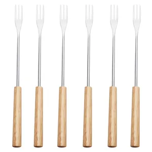 Set of 6 stainless steel fruit forks featuring ergonomic natural solid wood handles