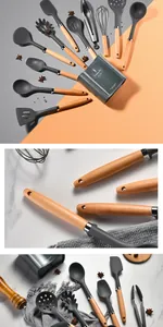 Detail of 12-piece silicone kitchen utensil set with wooden handles and holder.