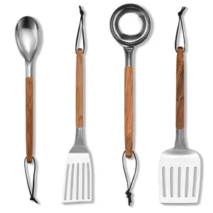 Juego de 4 utensilios de cocina de acero inoxidable con mangos de madera de olivo