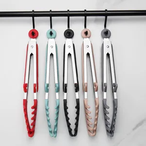 Heat-resistant silicone kitchen tongs with stand for BBQ salad in 5 colors
