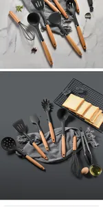 Silicone kitchen utensil set with wooden handles on gray and marble backgrounds.