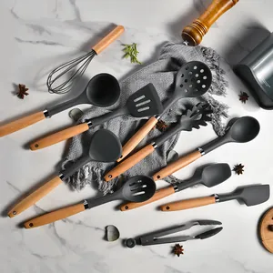 Professional 12-piece silicone kitchen utensil set with wooden handles and storage holder