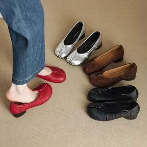 Elegant red block heel split-toe Tabi pumps displayed with silver, black, and brown variants