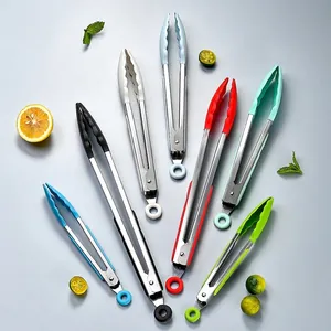 Stainless Steel Silicone Kitchen Tongs Heat Resistant Non-Slip Food Tongs For BBQ Baking Bread Salad Cooking Tools With Locking Mechanism