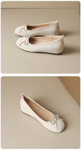 Top and side view of beige suede ballet flats with a bow and hidden heel detail