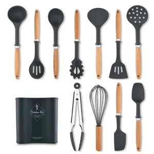 12-piece grey silicone kitchen utensil set with wooden handles and black storage bucket