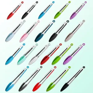 Heat-resistant non-slip silicone kitchen tongs in various colors for cooking and grilling