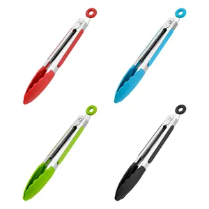 Set of 4 heat-resistant silicone kitchen tongs in red, blue, green, and black