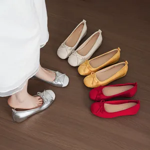French Style Women's Microfiber Ballet Flats Round Toe Bowknot Hidden Wedges Shallow Mouth Casual Slip-On Gentle Dress Shoes