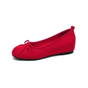 Elegant red French style ballet flats with bow detail and inner heightening wedge design