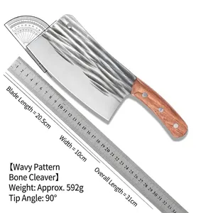 Heavy-duty forged meat cleaver with wavy texture, 31cm total length, wooden handle