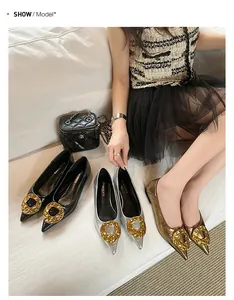 Detail shot of elegant pointed-toe flat shoes with large gold buckles in three colors