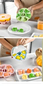 Close-up detail showing multi-cavity silicone bear molds with finished colorful jelly snacks.