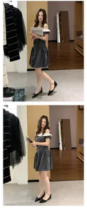Model wearing black patent leather pointed-toe flats with French chic style