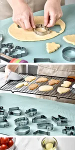 Set of Christmas cookie cutters featuring gingerbread man and tree shapes in a kitchen scene