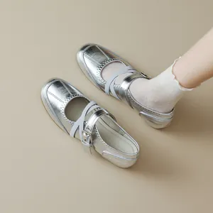 Silver retro Mary Jane ballet flats with sporty trainer soles and ruffle socks
