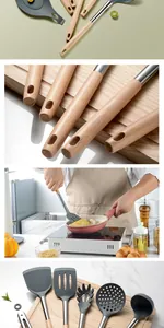 Vistas detalladas del juego de utensilios de cocina de silicona gris oscuro con mangos de madera