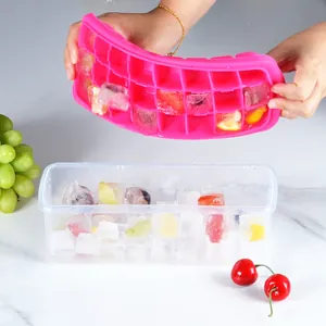 Rosa Silikon-Eiswürfelform mit 24 Fächern, Behälter und Deckel für Fruchteiswürfel