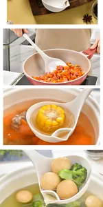 Detail view of silicone oil filter ladle and spatula in various cooking scenarios
