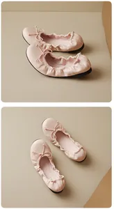 Detailed views of light pink French-style ballet flats with bow and elasticated edges.
