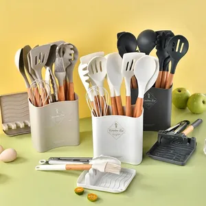 Premium 12pcs non-stick silicone kitchen utensil set with wooden handles and storage bucket