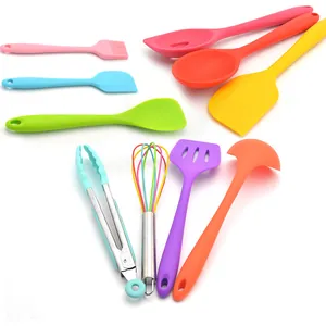 Colorful 10-piece silicone kitchen utensils set for non-stick cookware cooking.