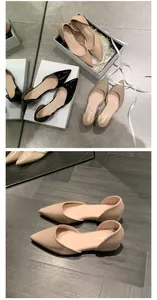 Detailed view of French style nude pointed toe flats and D'Orsay patent leather sandals.