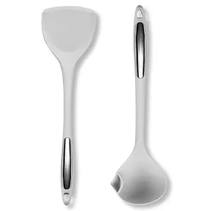 Professional gray silicone kitchen utensil set including oil separator ladle and spatula