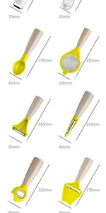 Detailed size measurements for kitchen gadget set including whisk, peeler and strainer