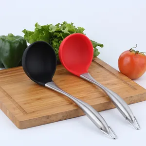 Heat-resistant silicone soup ladle set with ergonomic stainless steel handles for kitchen use