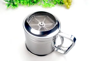 Detail view of manual stainless steel flour sifter cup with double-layer fine mesh