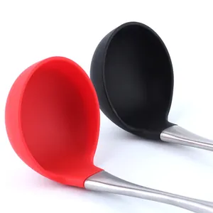Heat-resistant silicone soup ladles with stainless steel handles, set of two colors.