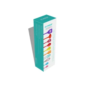 Colorful 10-piece silicone kitchen utensil set packaging box with various tools.