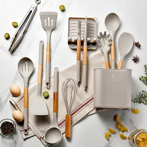 Silicone Kitchen Utensil Set With Natural Wood Handle Heat Resistant Non-Stick Cooking Tools Spatula Soup Spoon Oil Brush Tongs