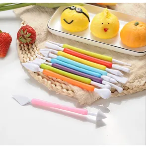 Detail view of 9-piece colorful fondant modeling and carving tools for cake decorating
