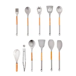 Premium 11-piece grey silicone kitchen utensil set with natural wooden handles on white background