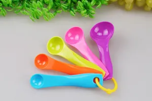 Close-up detail of a five-piece set of colorful plastic measuring spoons for baking accuracy