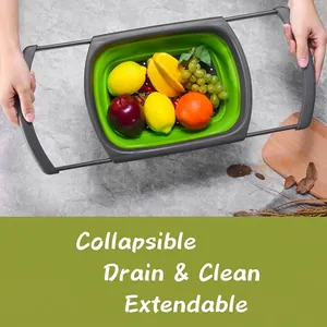 Collapsible extendable square colander basket for kitchen fruit and vegetable washing