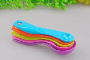 Detailed view of the 5-piece colorful rainbow measuring spoons set for precise baking.