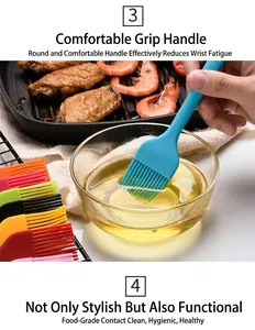 Close-up detail of a blue silicone oil brush being dipped into a bowl of cooking oil