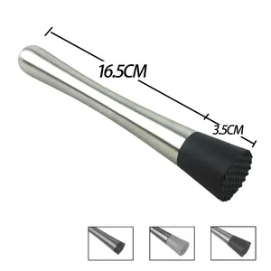 Stainless steel cocktail muddler with 16.5cm length and black silicone head