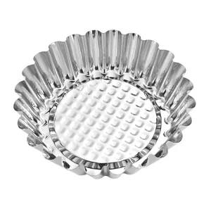 Reusable 430 stainless steel egg tart mold with fluted chrysanthemum design.