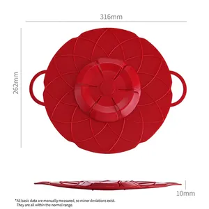 Red silicone spill-stopper lid with petal design, 316mm diameter pot cover