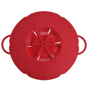 Heat-resistant red silicone spill stopper lid for pots with flower design and dual handles