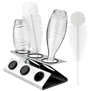 Stainless steel soda bottle drying rack with drip tray and cleaning brushes set