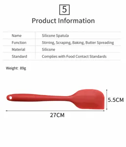 Detail view of red silicone spatula with 27cm length and 5.5cm width specs.