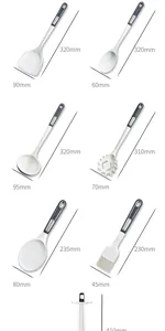 Detailed dimension diagram for white silicone kitchen utensils with ABS handles