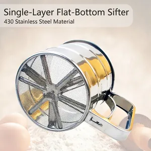 430 Stainless Steel Handheld Semi-Automatic Flour Sifter Single Layer Flat Bottom Cup Type Baking Tool With Scale Marker