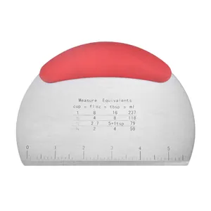 Stainless steel dough scraper tool with measurement equivalents and red grip handle