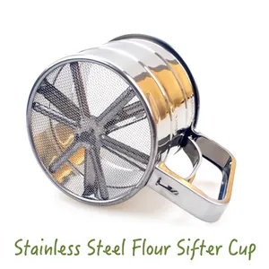 Semi-automatic stainless steel flour sifter featuring a hand-press handle for home baking